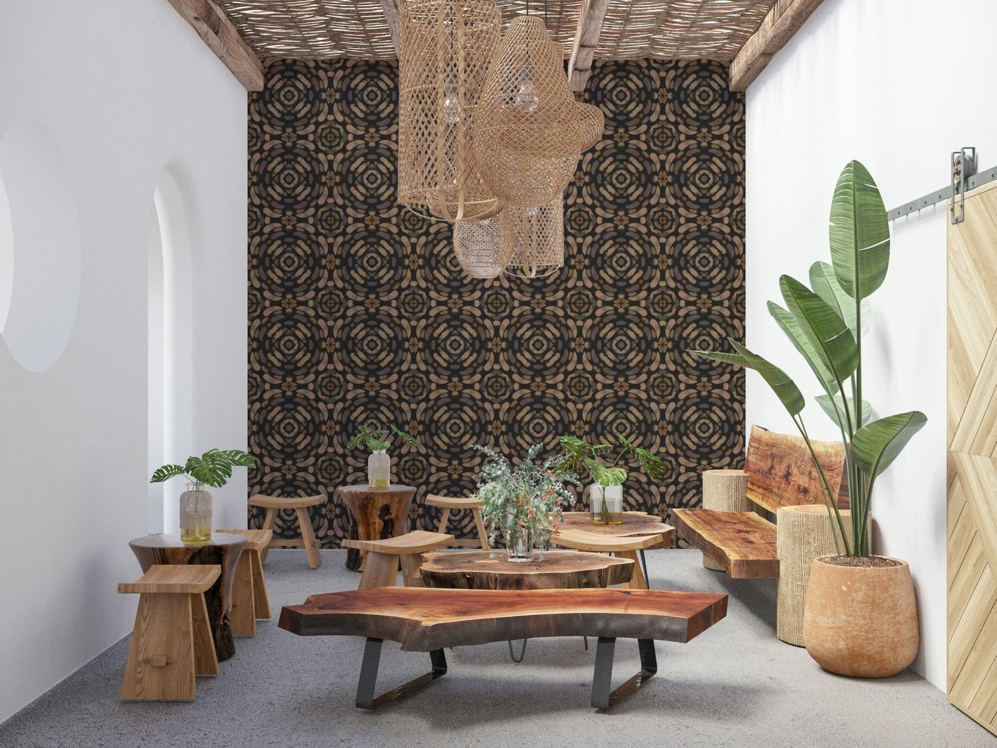 Geometric symmetry wallpaper featuring warm earthy hues and soft organic lines.