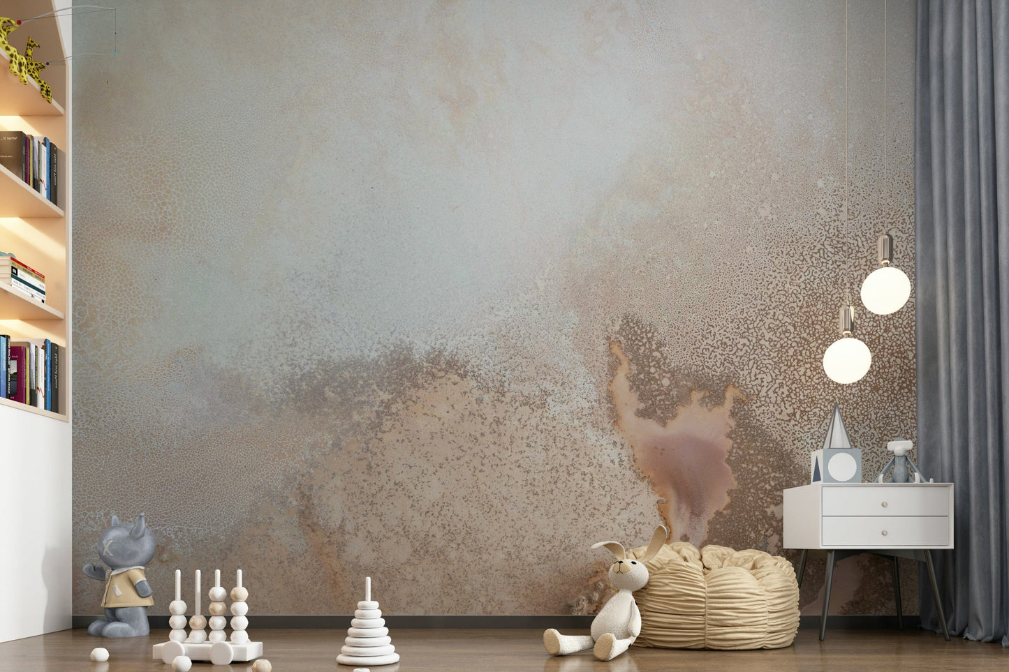 A peaceful geometric design mural on decorative wallpaper.