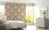 Abstract wallpaper mural with symmetrical organic shapes arranged in a repeating earthy pattern.