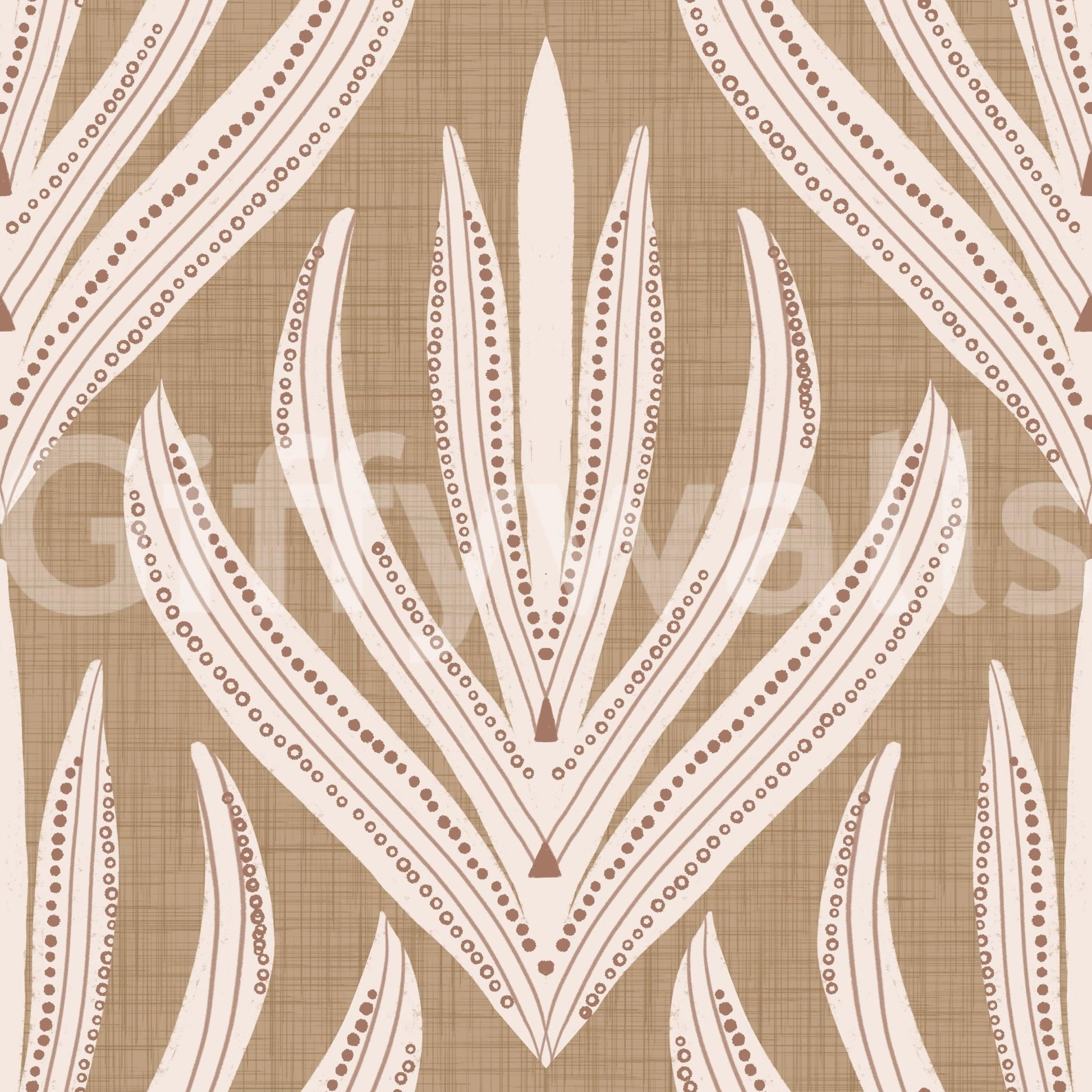 Neutral wallpaper featuring soft cream botanical abstractions over a warm textured background.