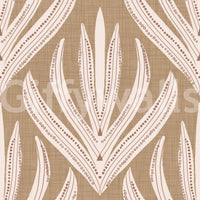 Neutral wallpaper featuring soft cream botanical abstractions over a warm textured background.