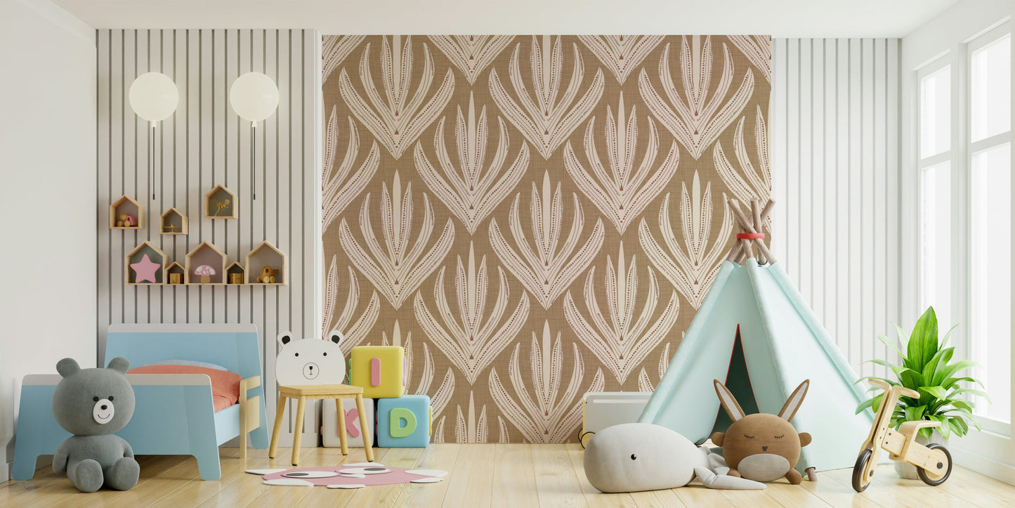 Warm-toned wallpaper displaying cream abstract motifs on a textured tan backdrop.