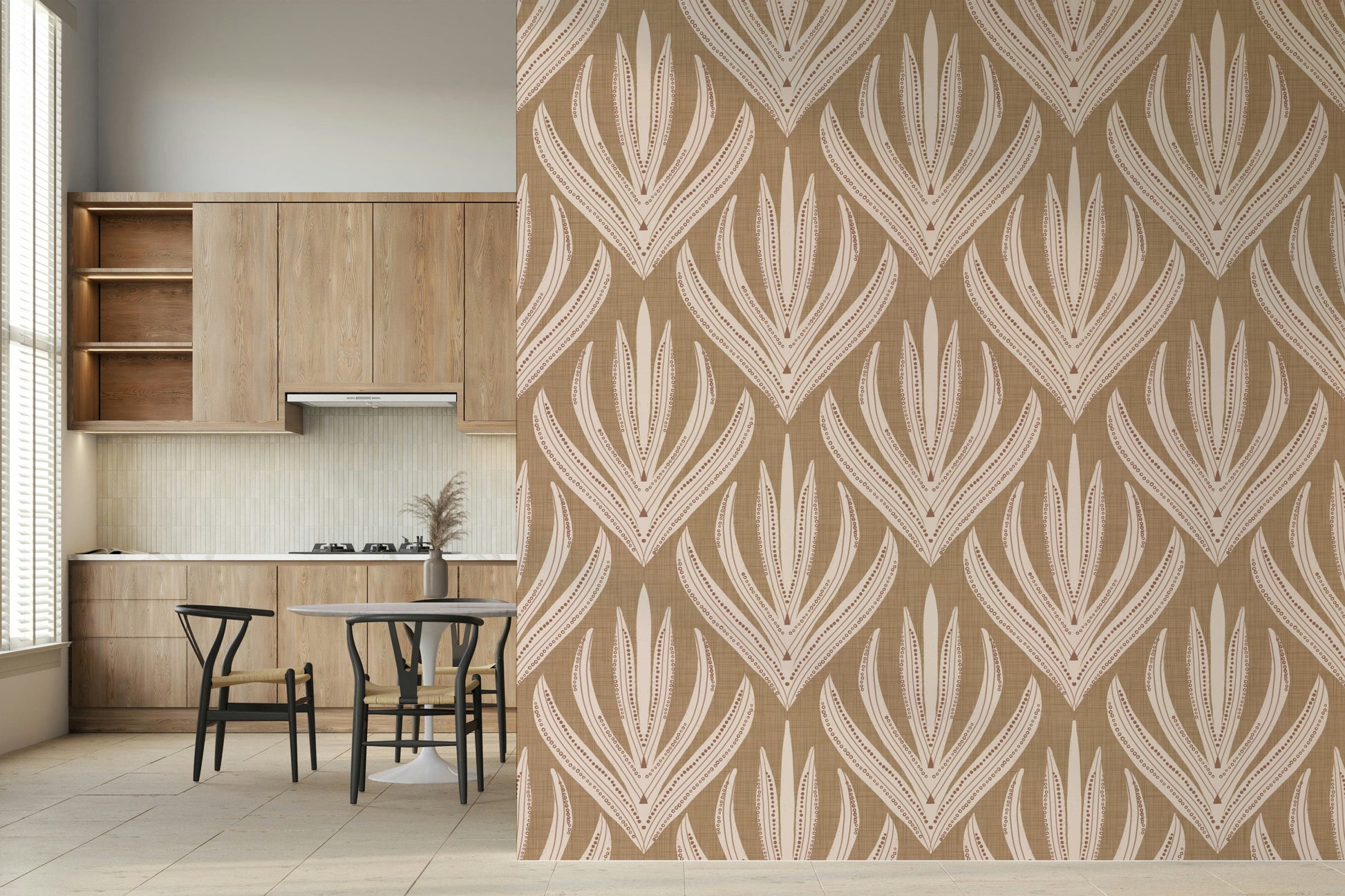Modern organic wallpaper mural featuring repeated abstract leaf clusters with earthy detailing.