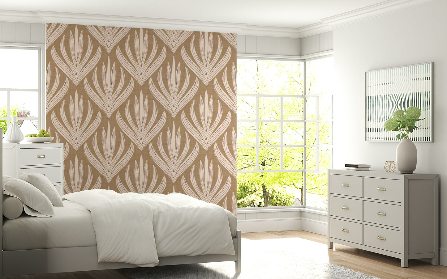 Abstract wallpaper mural with symmetrical organic shapes arranged in a repeating earthy pattern.