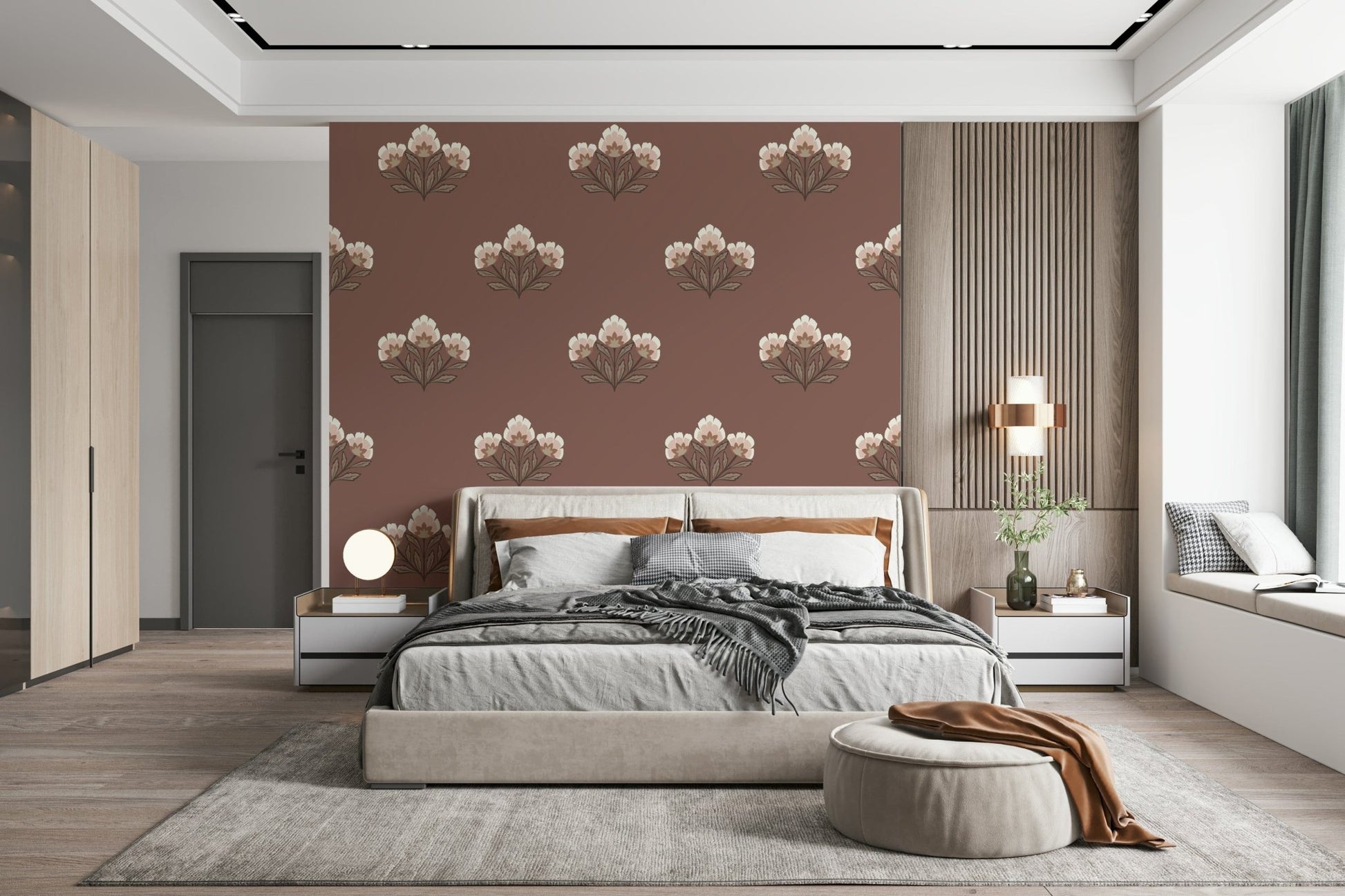 Mughal Blossom mural, artistic botanical design, warm neutral tones.