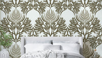 Balanced botanical mural wallpaper in soft earth tones

