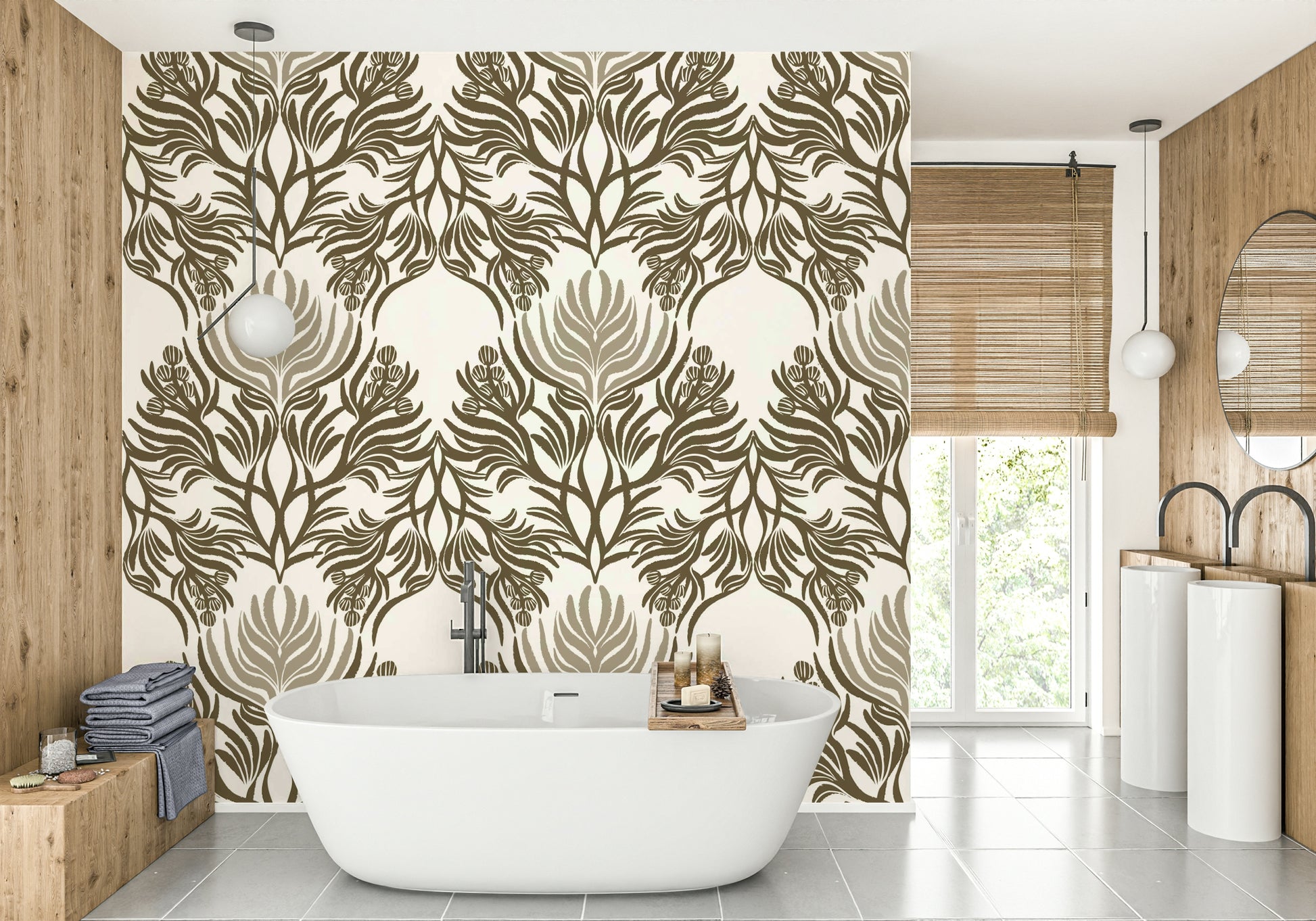 Natural-toned wallpaper with symmetrical foliage design


