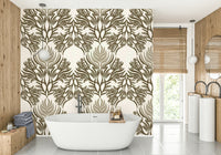 Natural-toned wallpaper with symmetrical foliage design

