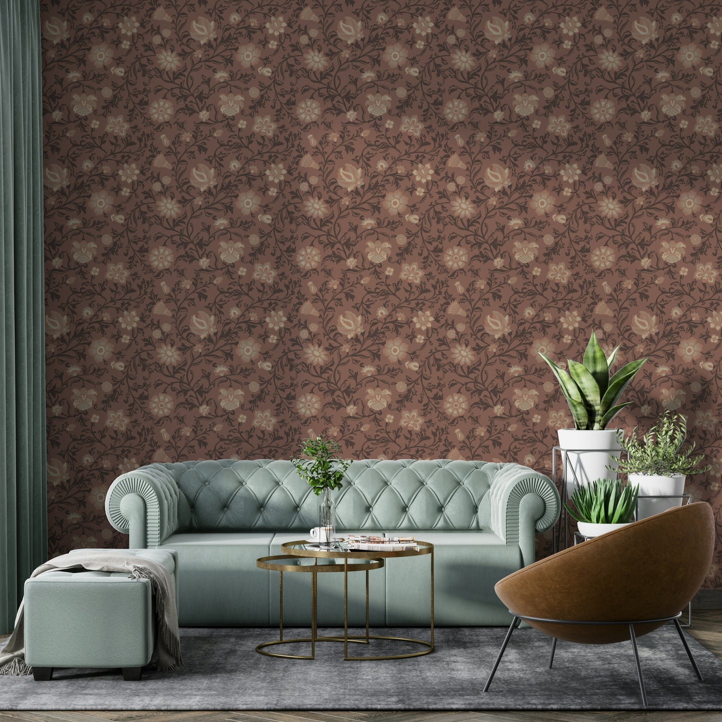 Earthy brown wallpaper creating a calm, elegant space

