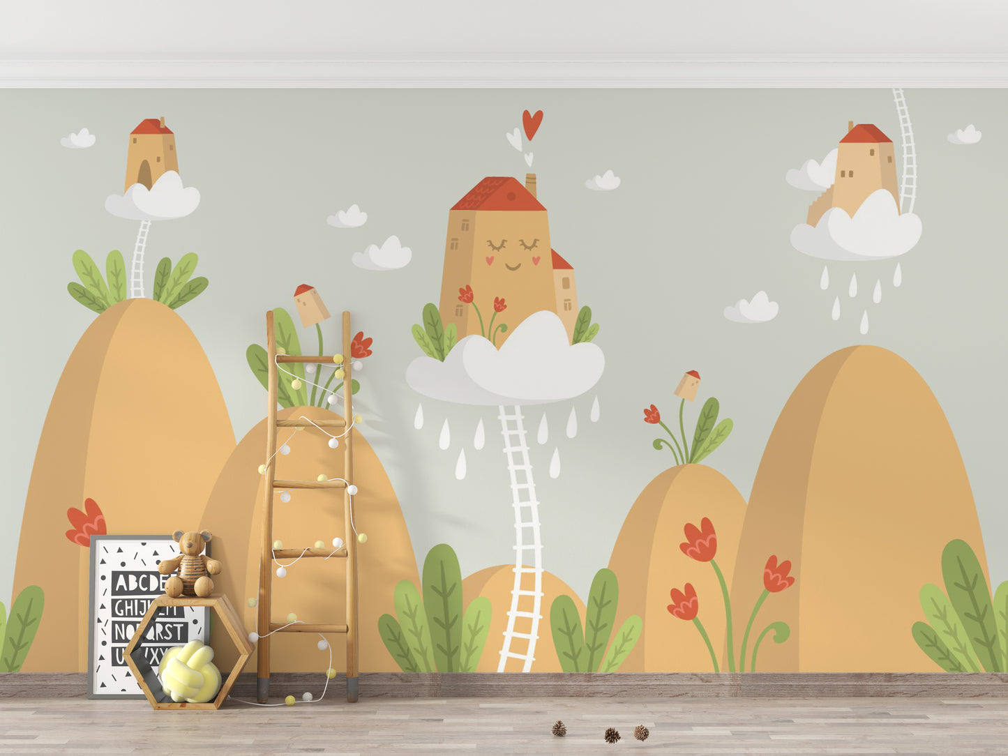 Dreamy mountain wallpaper with houses
