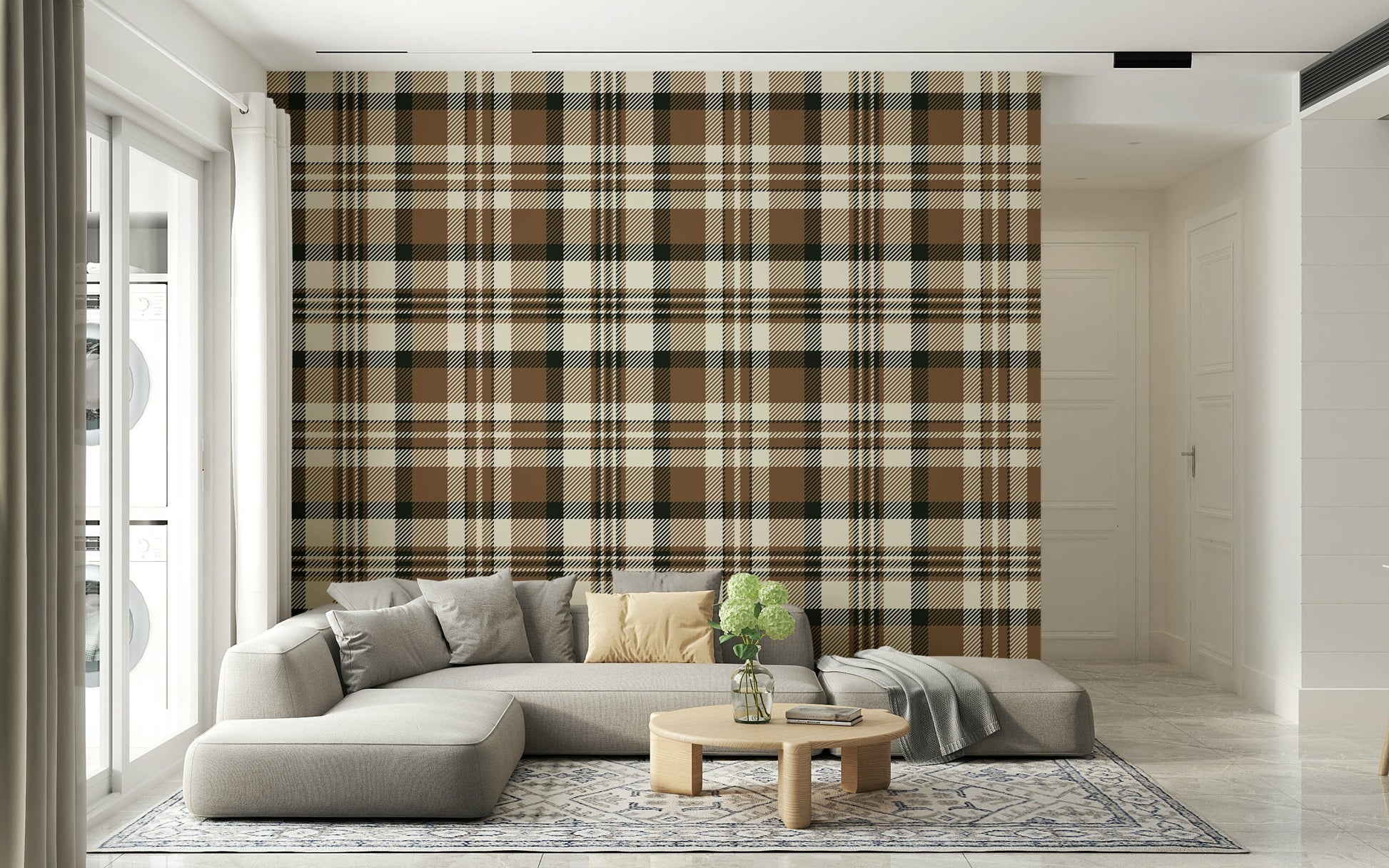 Plaid wallpaper in earthy shades of brown, beige, and green for a rustic look.