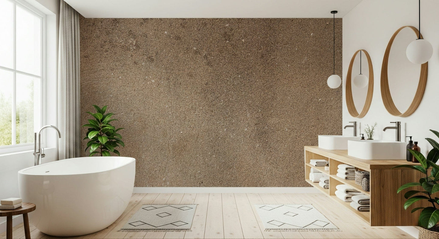 Earthy Canvas wallpaper mural in warm brown behind a white freestanding tub and wood vanity in a bright bathroom