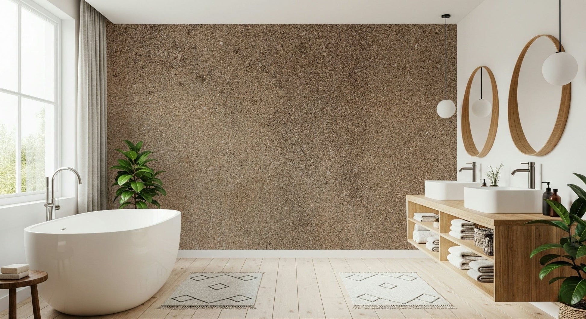 Earthy Canvas wallpaper mural in warm brown behind a white freestanding tub and wood vanity in a bright bathroom