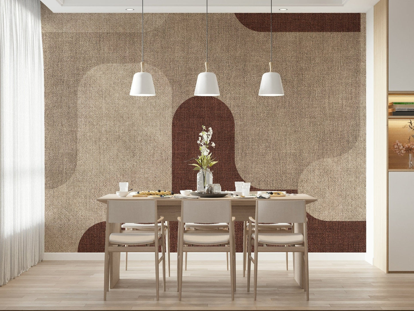 Bold chocolate curves accent this artistic wall mural.