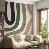The wall mural is installed on a living room feature wall.

