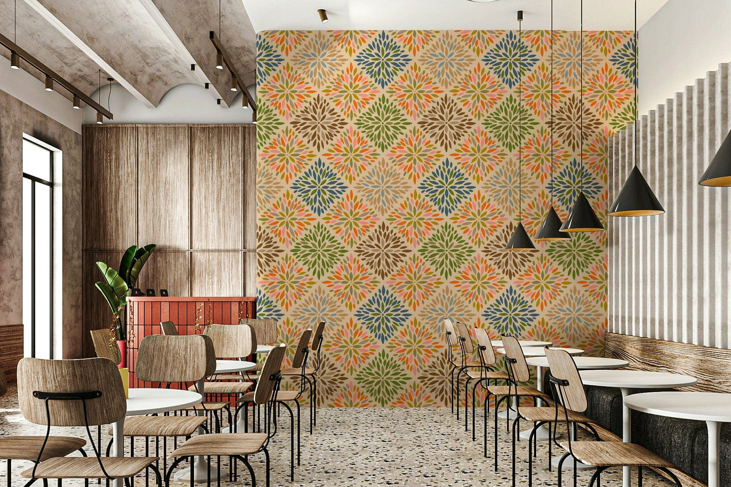 A damask-style print with earthy desert colors.

