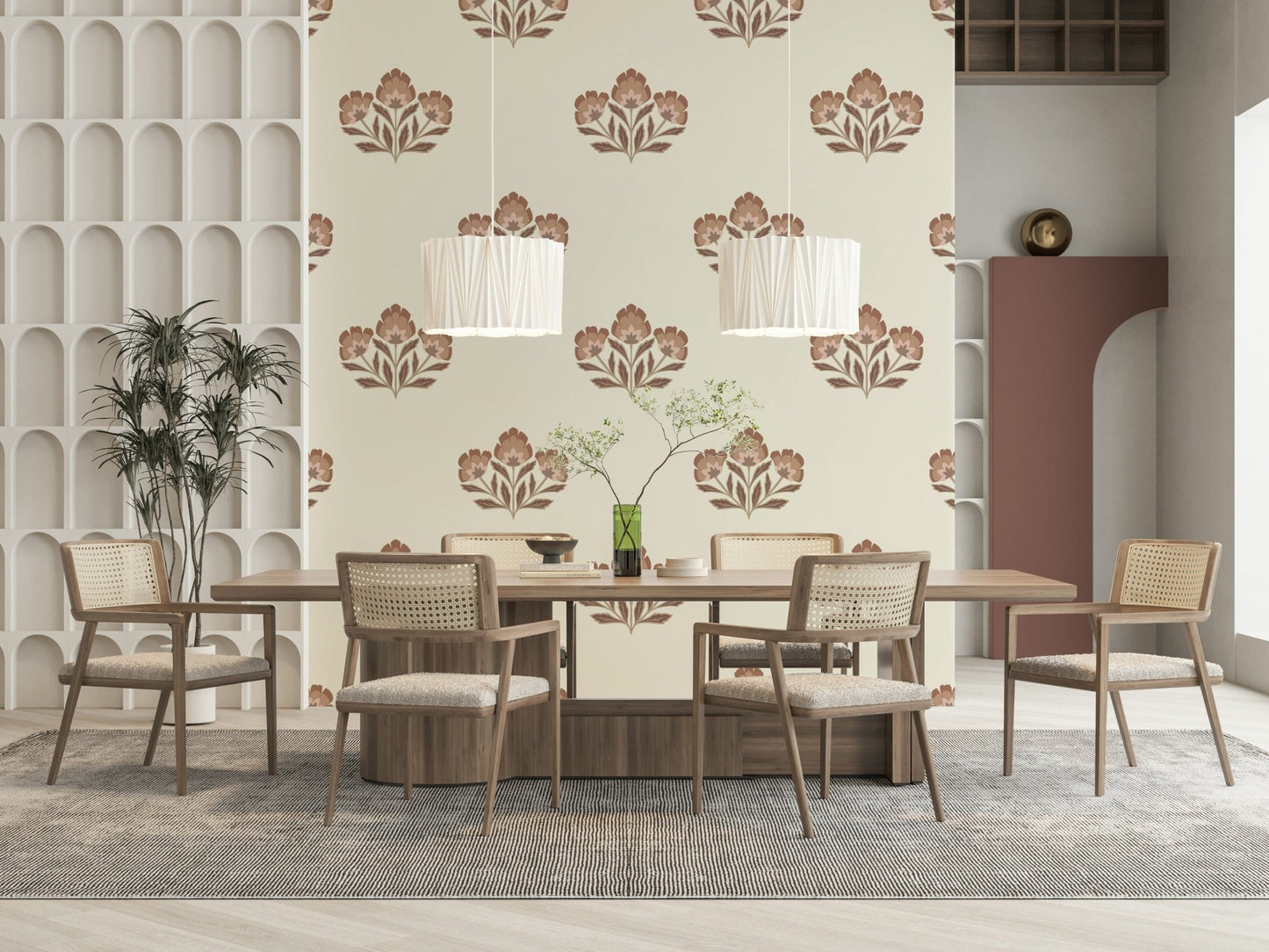 Earthy Flora wall mural, classic bloom art, peaceful home enhancement.