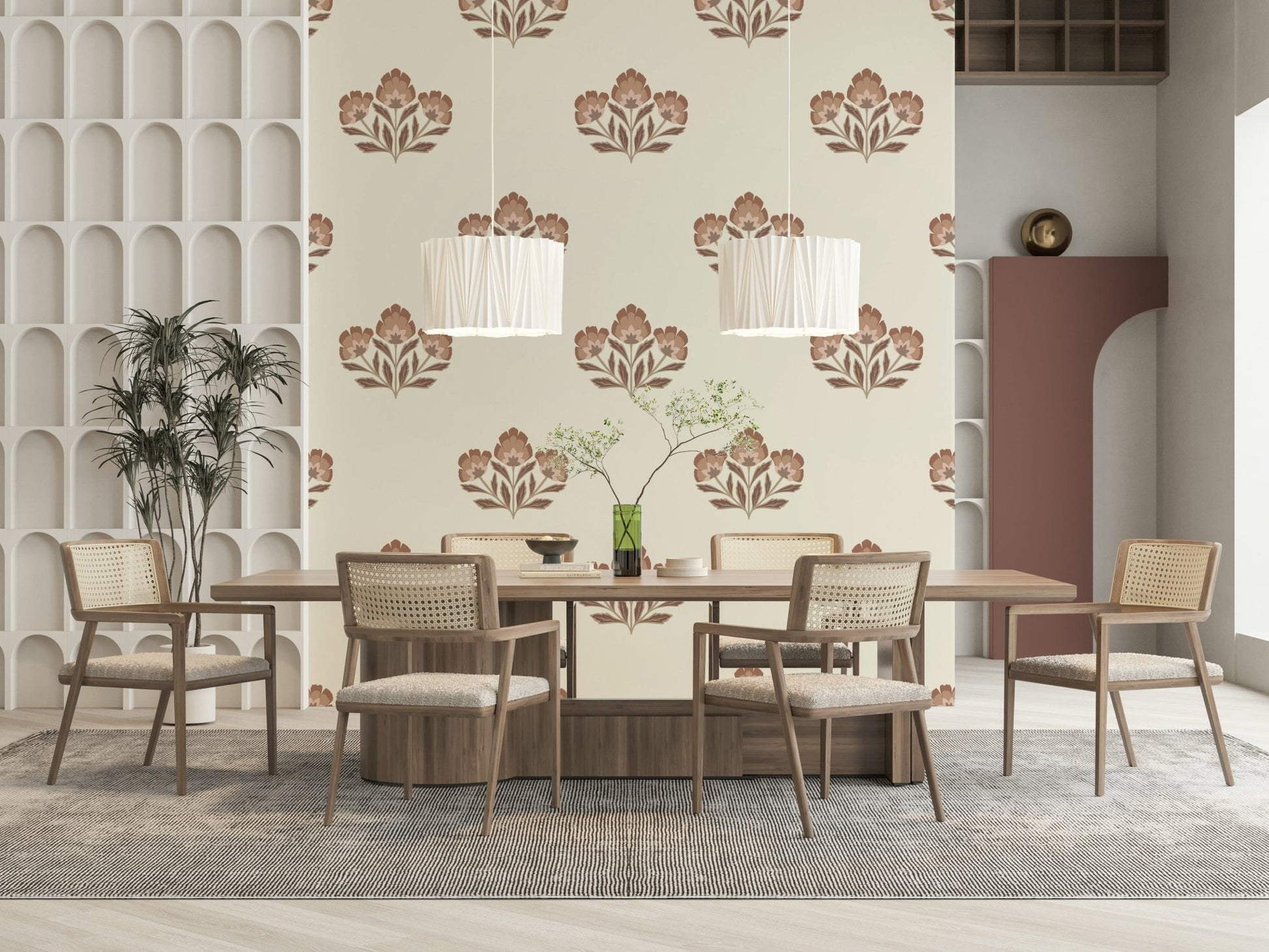 Earthy Flora wall mural, classic bloom art, peaceful home enhancement.
