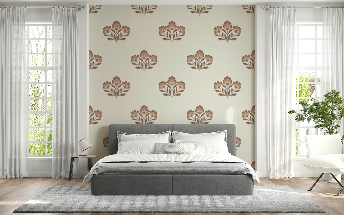 Earthy Flora accent wallpaper, artisan flower motif, natural beauty.