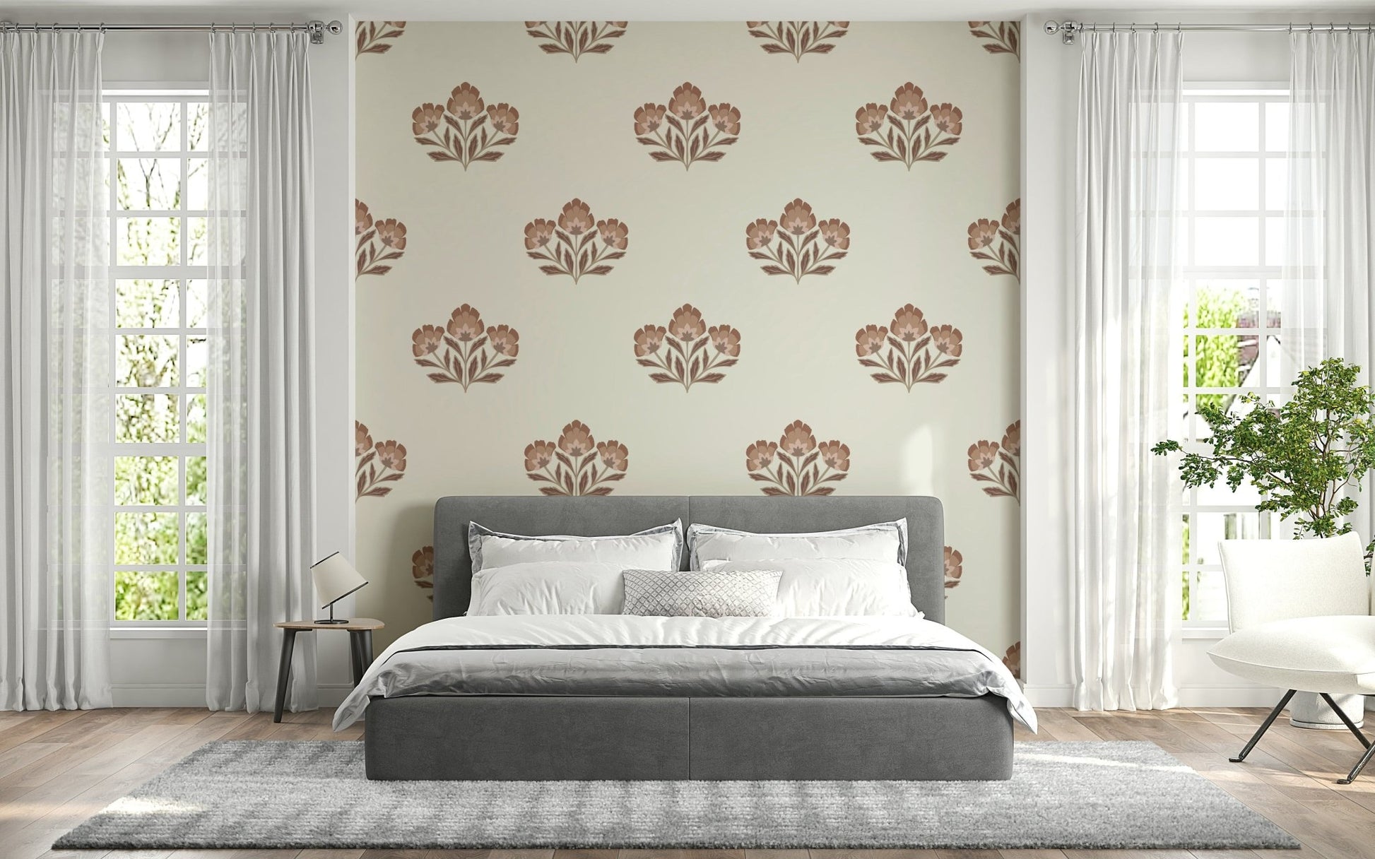 Earthy Flora accent wallpaper, artisan flower motif, natural beauty.