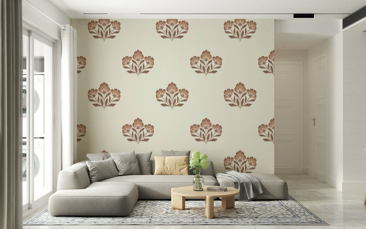 Earthy Flora wallpaper, stylized botanicals, harmonious wall décor.