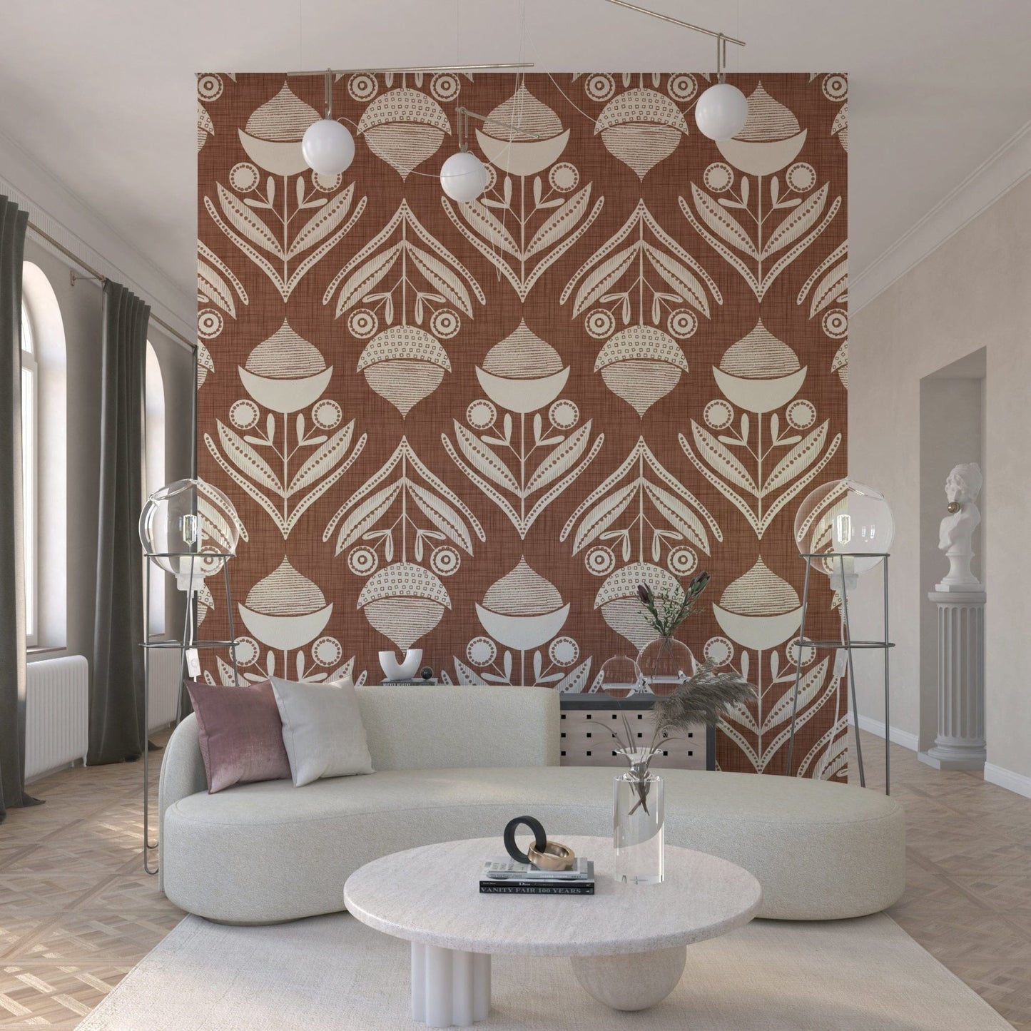 Repeating botanical design with abstract seed pods and dotted details on a textured terracotta backdrop