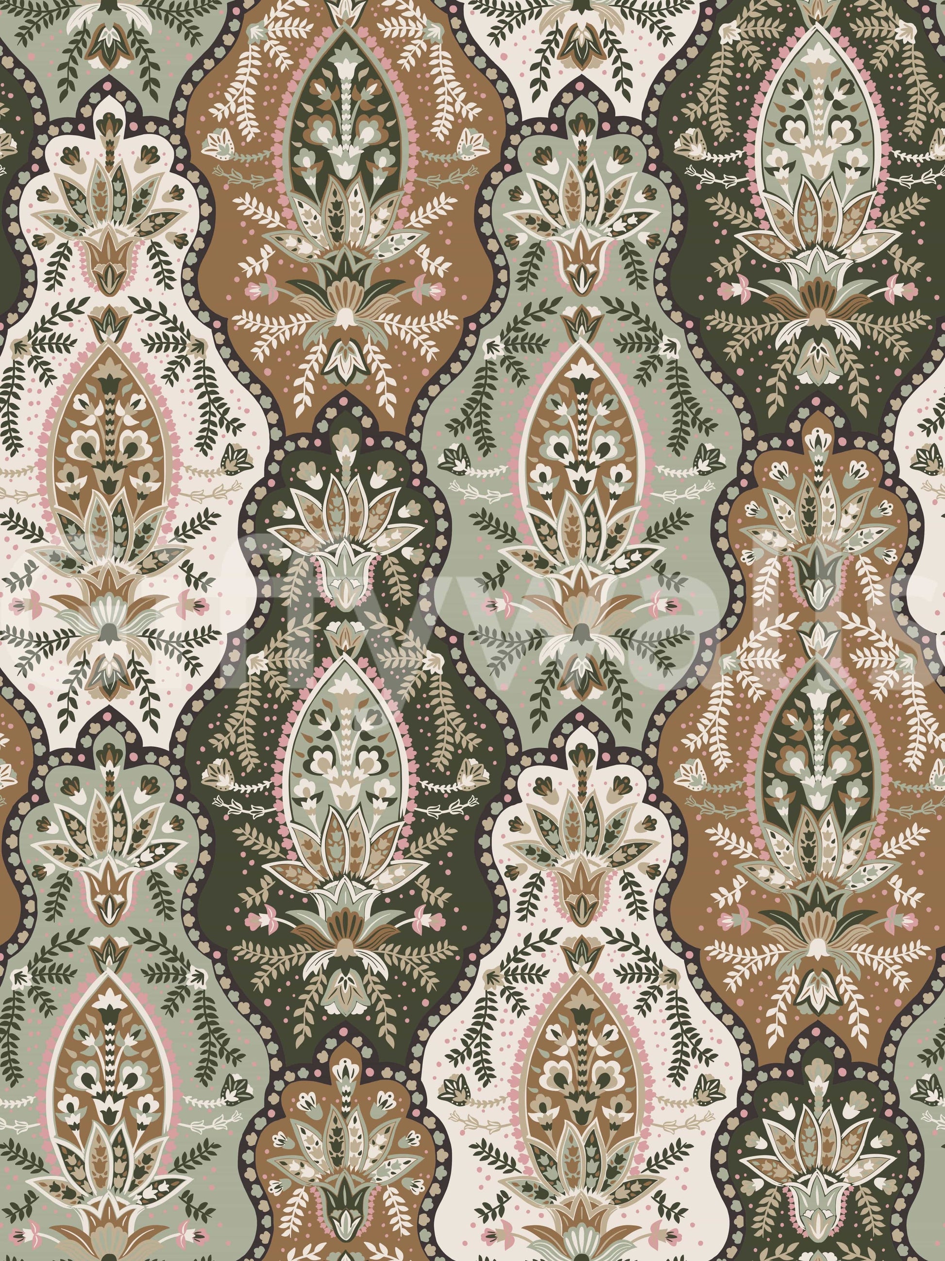 Muted earthy florals wallpaper with detailed ornamental motifs and soft vintage tones.