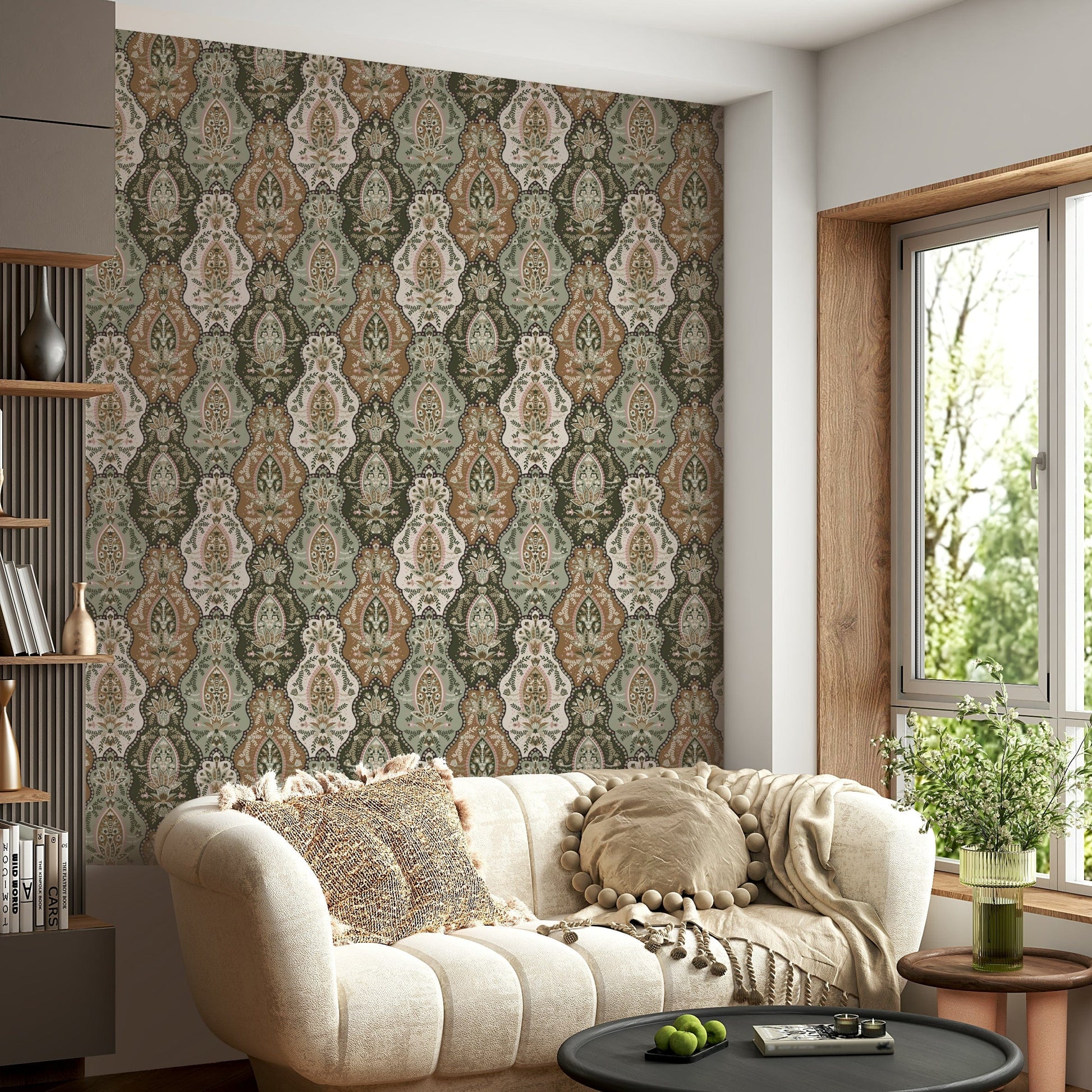 Nature-inspired wallpaper mural featuring earthy floral designs and symmetrical patterns.