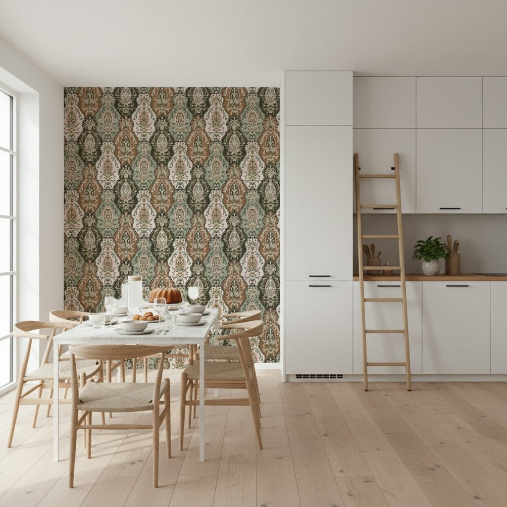 Repeating earthy florals wallpaper with decorative, ornate plant-inspired motifs.