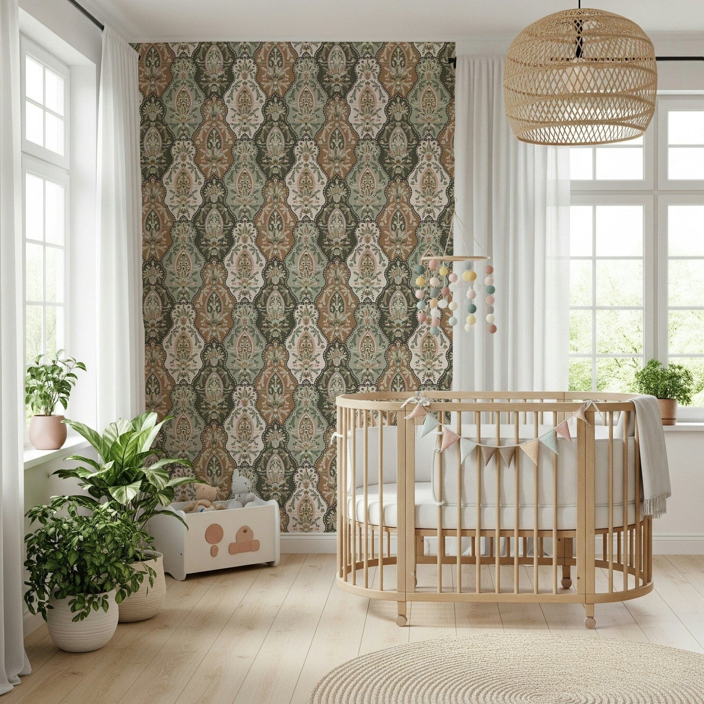 Intricate floral wallpaper in earthy hues of brown, sage green, and cream.