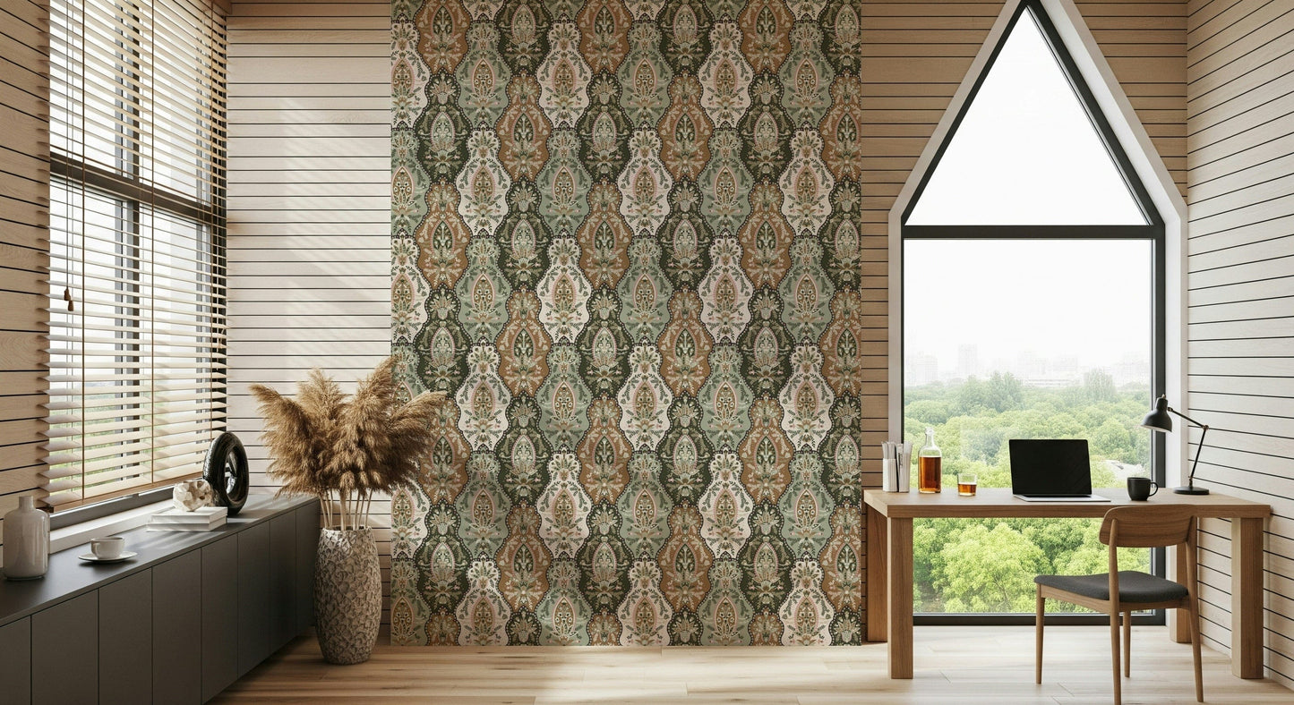 Earth-toned floral wallpaper featuring detailed ornamental patterns and soft botanical accents.