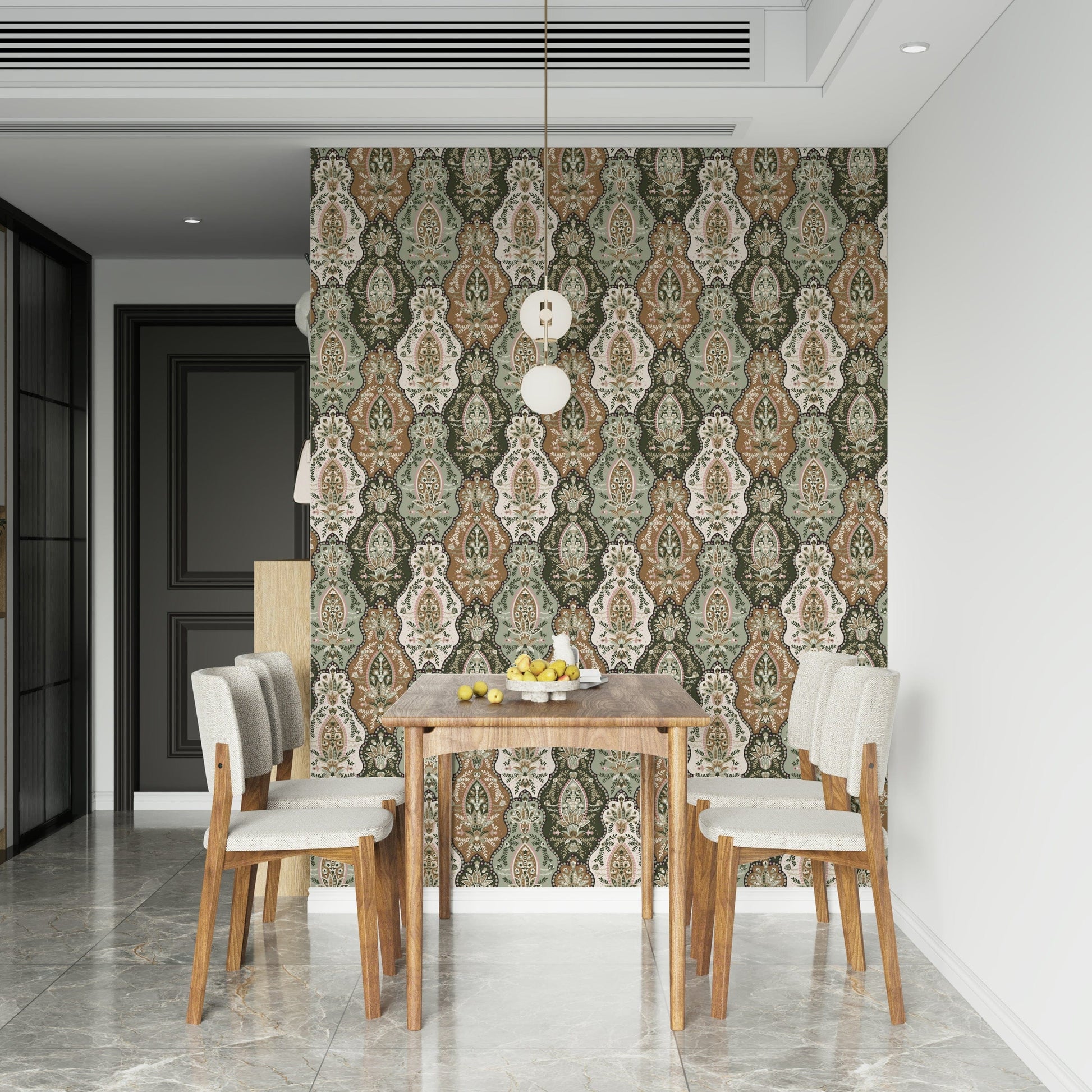 Decorative earthy florals wallpaper showcasing intricate botanical shapes and muted natural colors.
