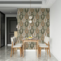 Decorative earthy florals wallpaper showcasing intricate botanical shapes and muted natural colors.