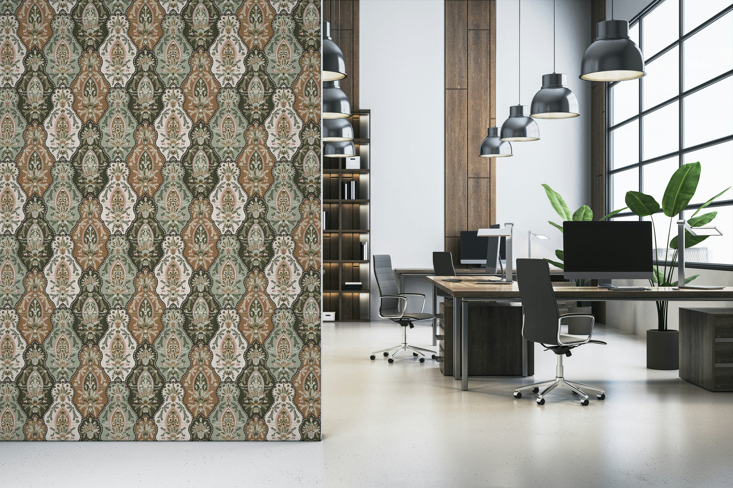 Earthy florals wallpaper featuring repeating botanical motifs in green, brown, and cream tones.