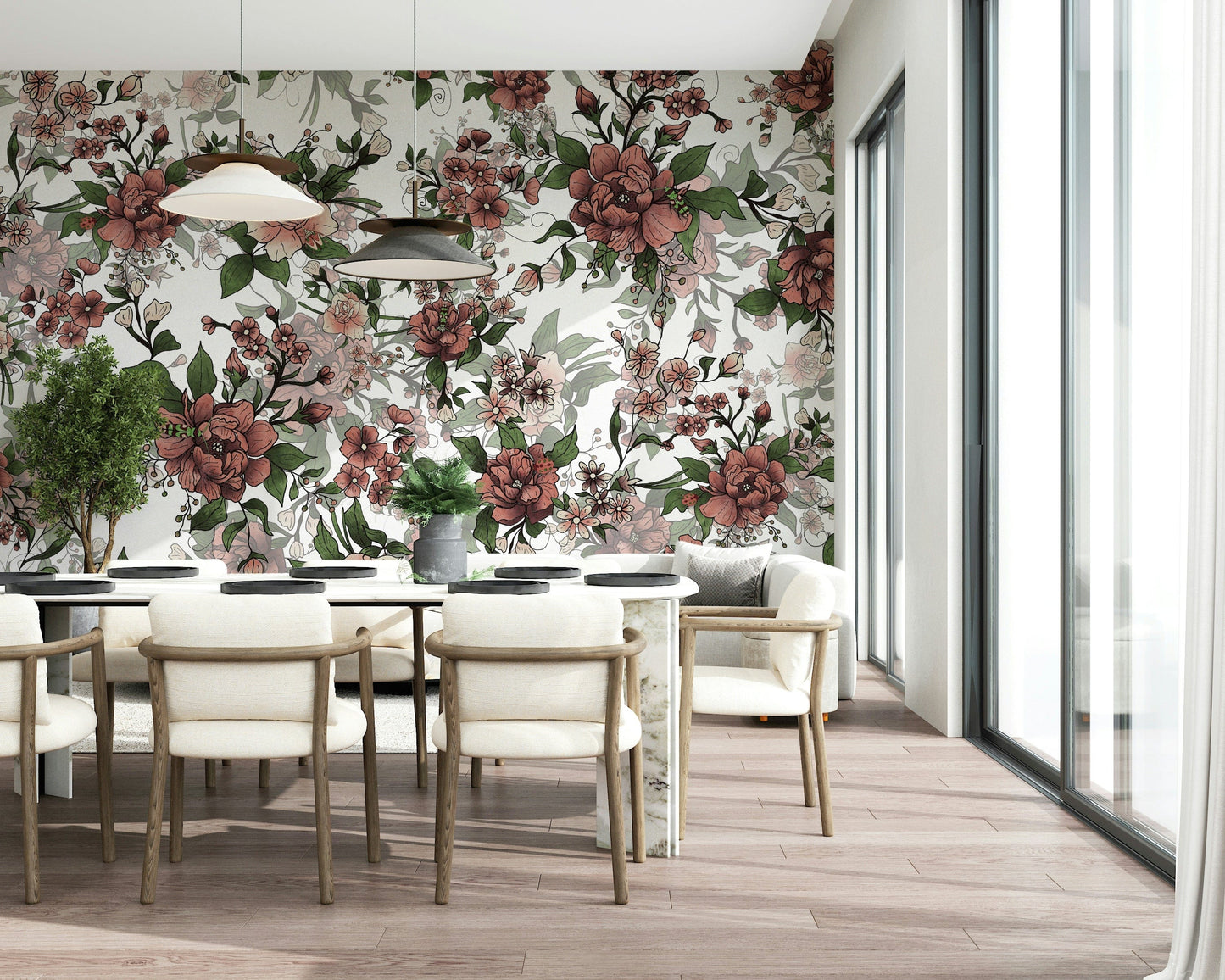 Intricate botanical print Garden of flowers and beetles for accent wall.