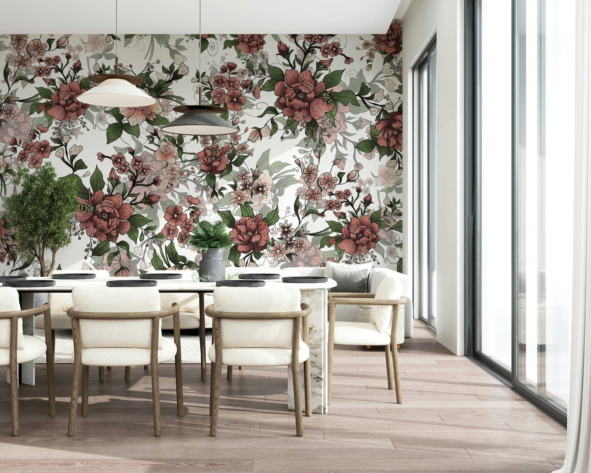 Intricate botanical print Garden of flowers and beetles for accent wall.