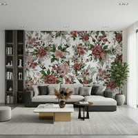 Moody dusty rose floral wallpaper Garden of flowers and beetles design.