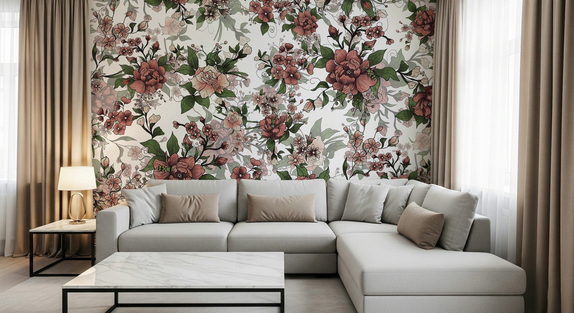 Beautiful blush blossoms wall mural Garden of flowers and beetles print.