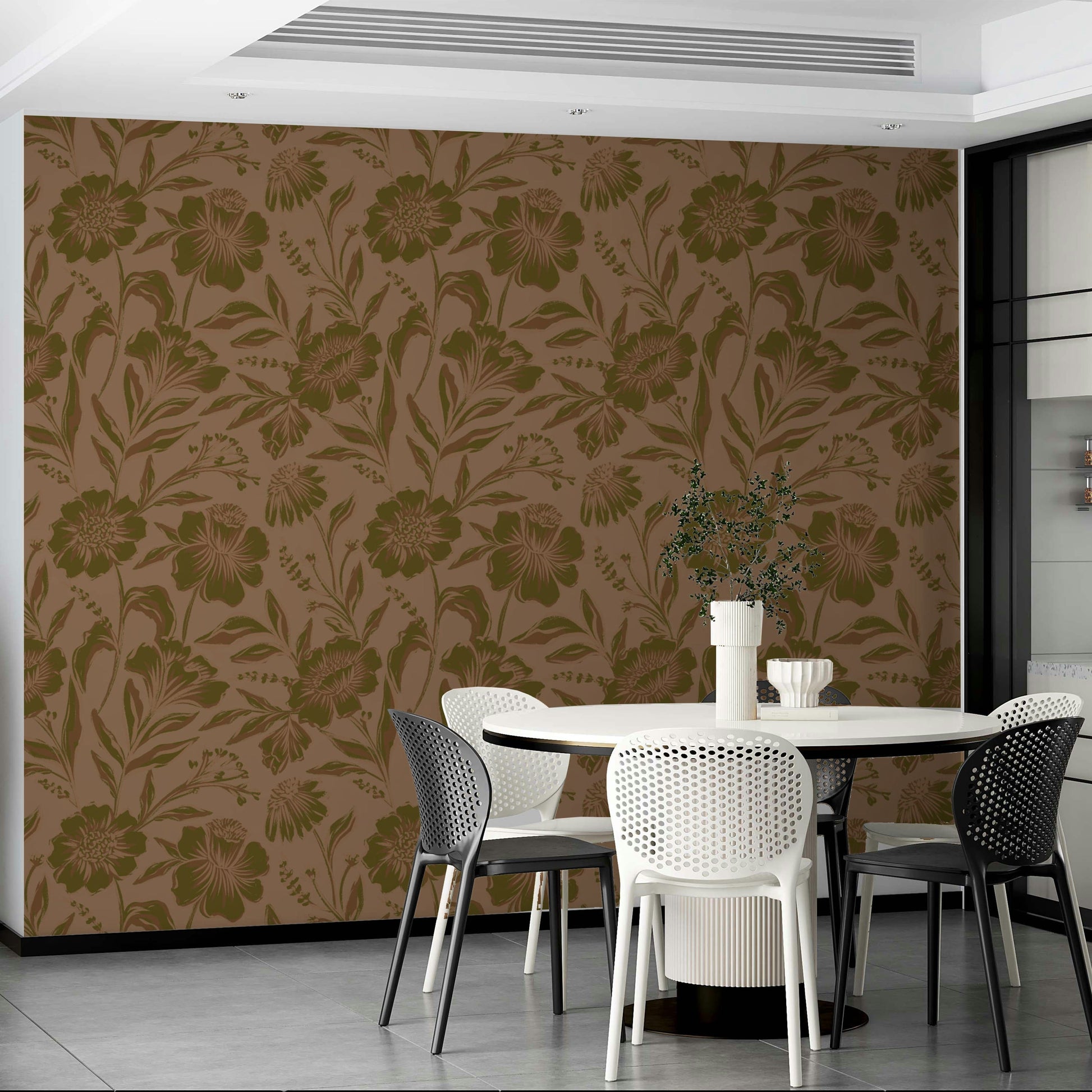 The image features various stylized plants and leaves.
