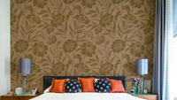 A full-wall mural showing a botanical pattern.
