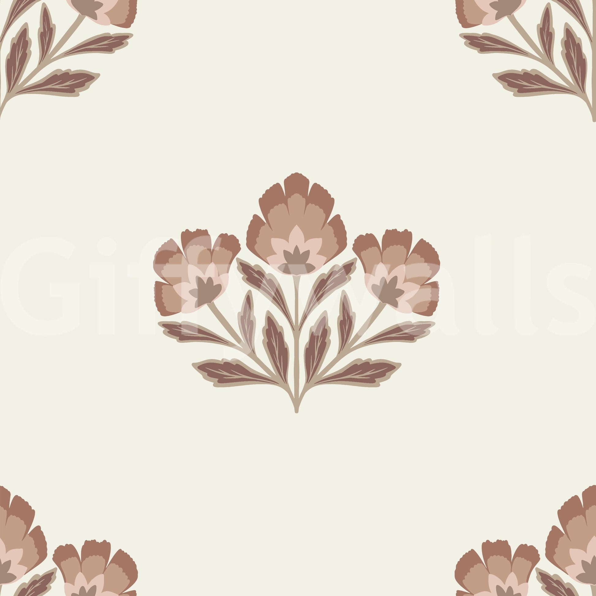 Earthy Flora design, elegant floral wallpaper, soothing colors, charming.