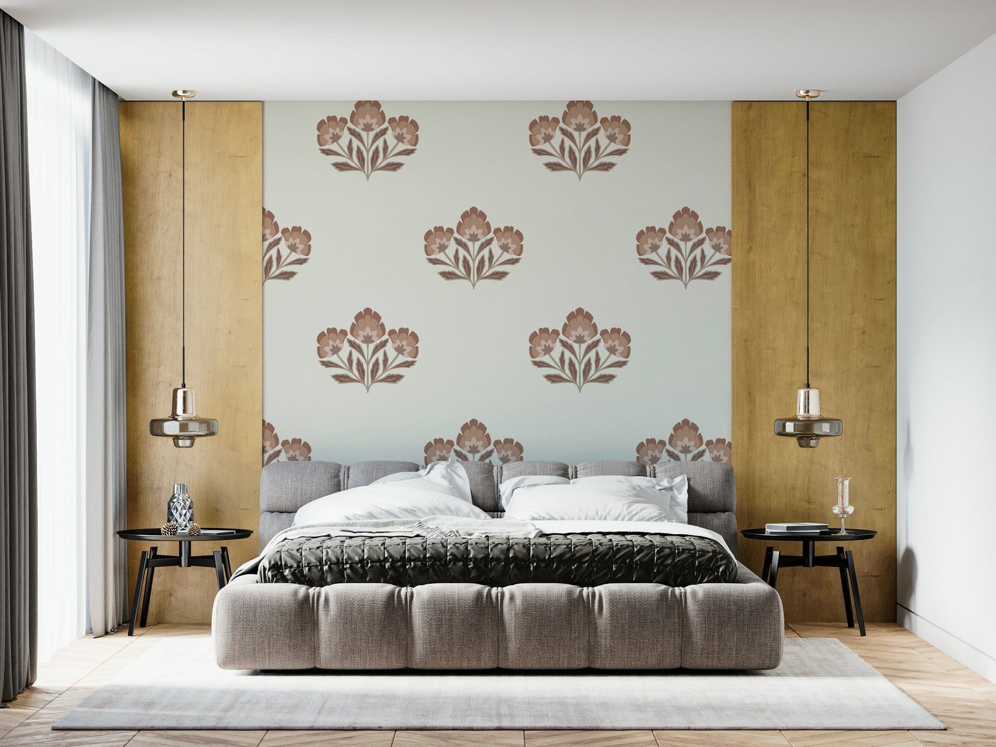 Home wall mural, stylized blossoms, warm beige, tranquil setting, Earthy Flora.