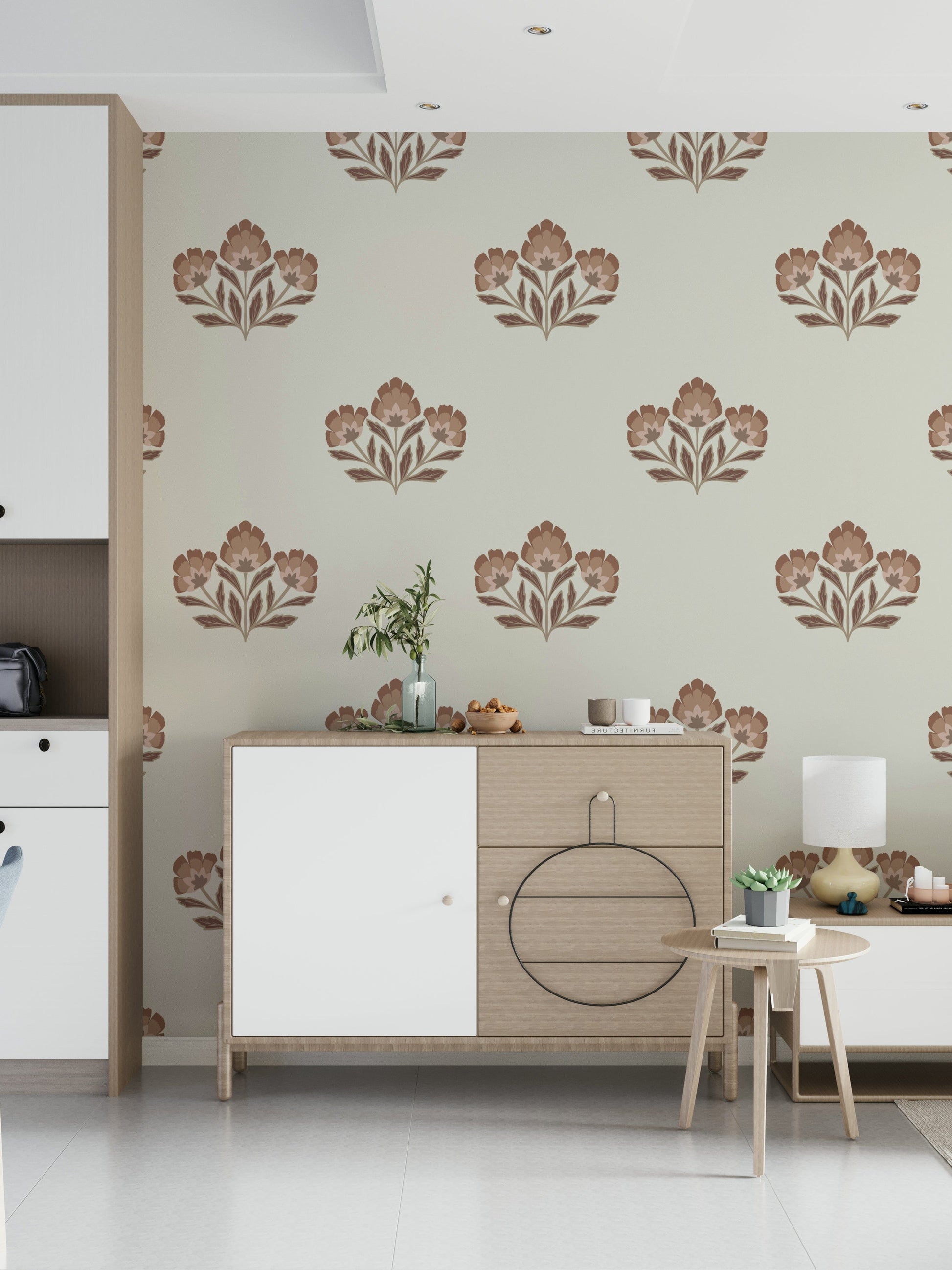 Floral patterned wall mural, serene background, Earthy Flora blossom grouping.