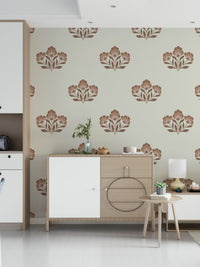 Floral patterned wall mural, serene background, Earthy Flora blossom grouping.