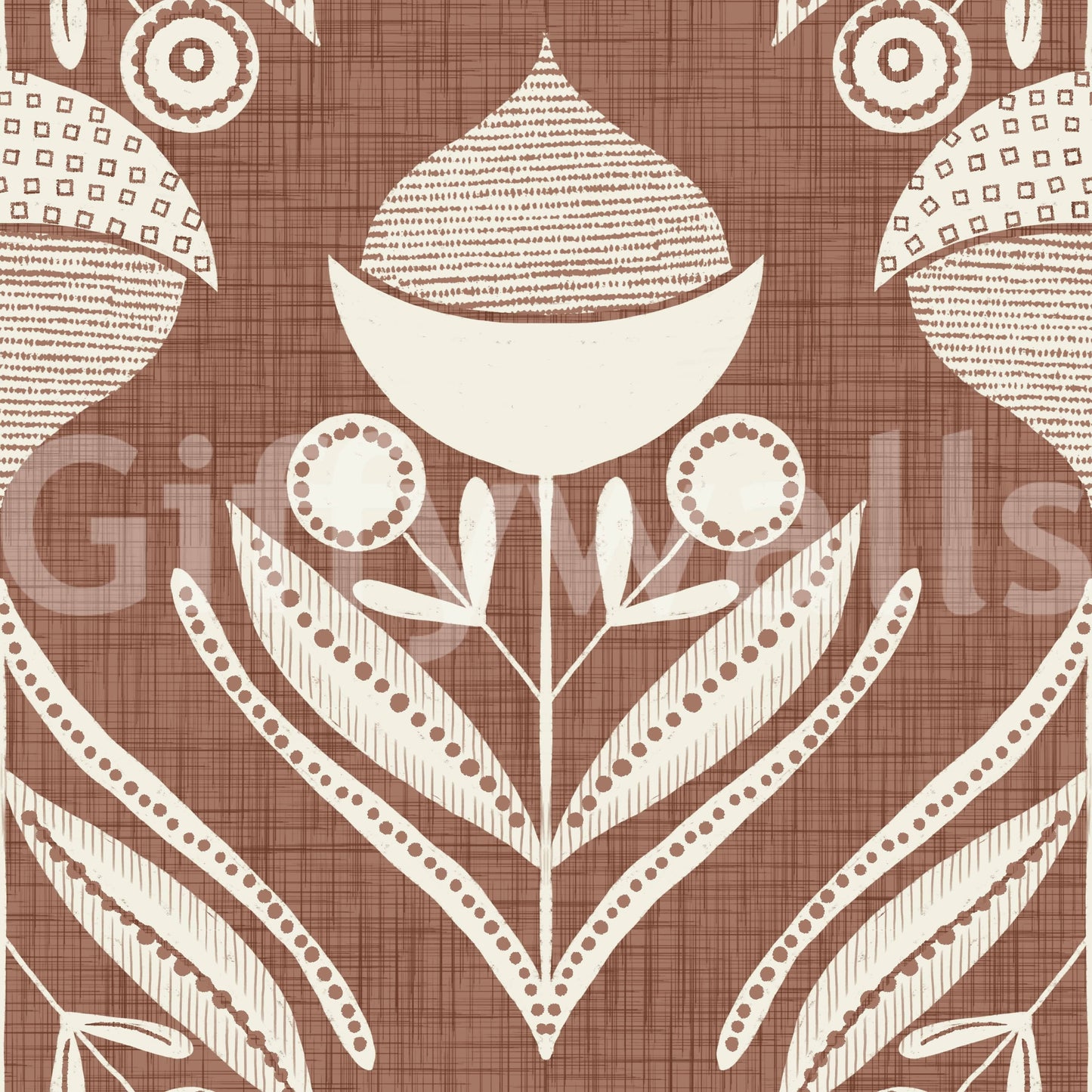 Repeating earth-inspired motif with curved leaves, circular buds, and textured pods on a warm background