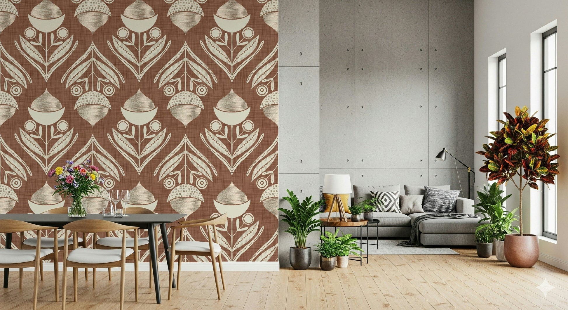 Terracotta floral wallpaper with symmetrical folk-style botanical illustrations in cream