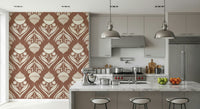 Warm terracotta wallpaper with decorative cream blooms and geometric folk-inspired accents
