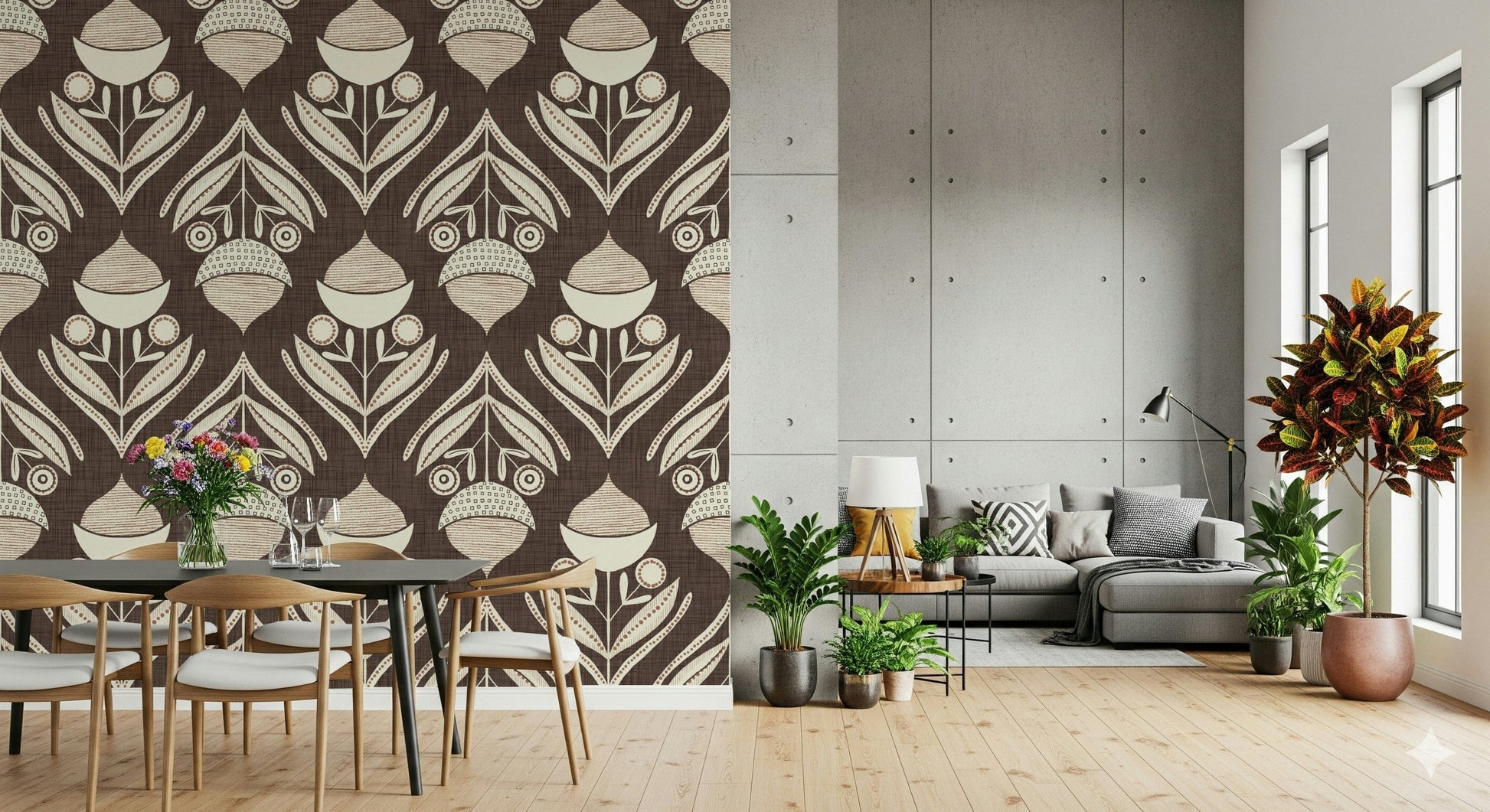 Artistic wallpaper mural with repeating earthy florals and hand-drawn botanical elements.