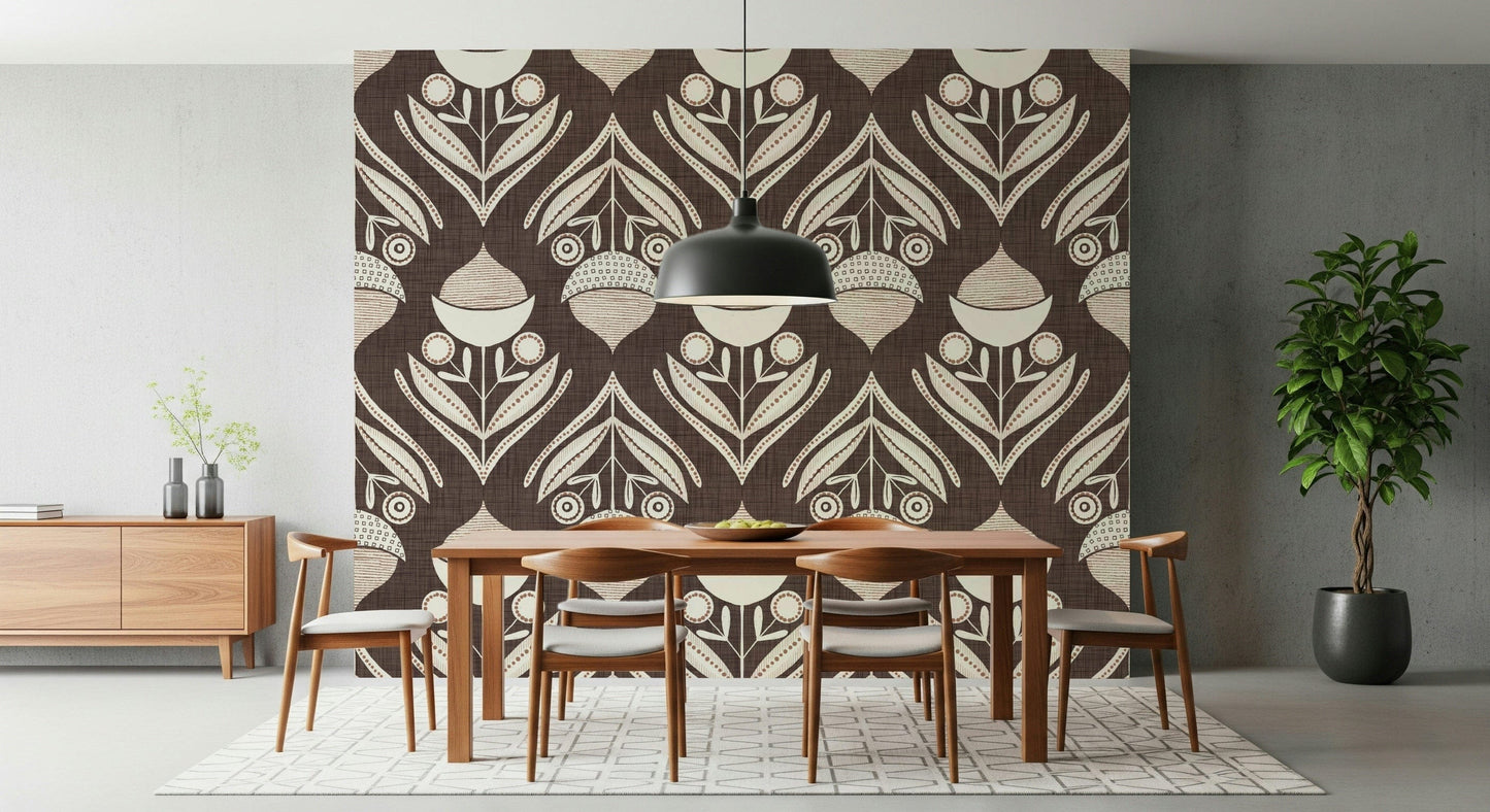 Bold floral wallpaper featuring ornate cream flowers and leaf clusters over a deep brown texture.