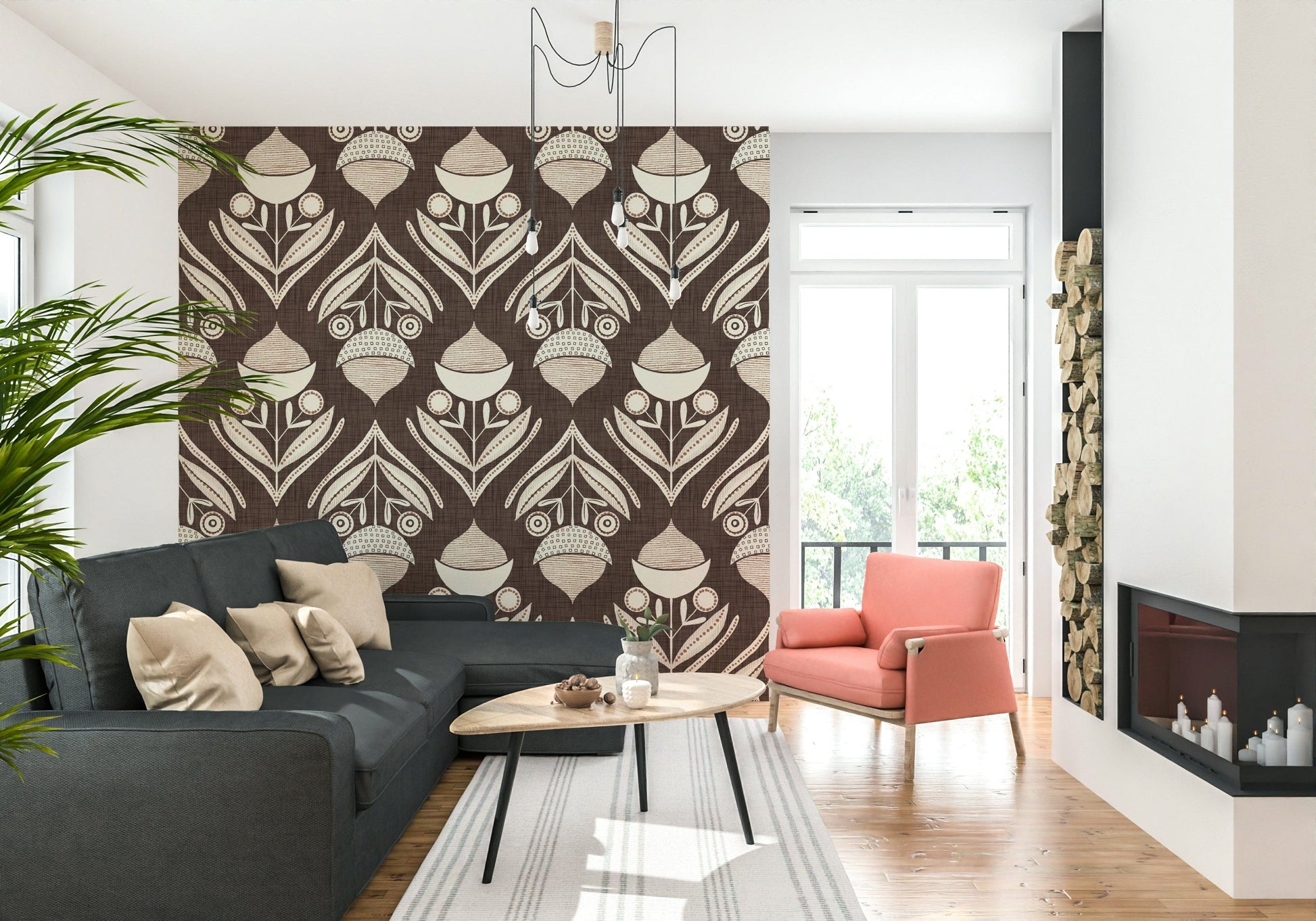 Earth Tone Floral wallpaper mural with stylized botanical designs in an earthy, warm palette.